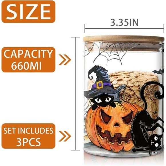Halloween Decor, Halloween Canisters Sets of 3, Halloween Black Cat Pumpkin - Picture 3 of 7